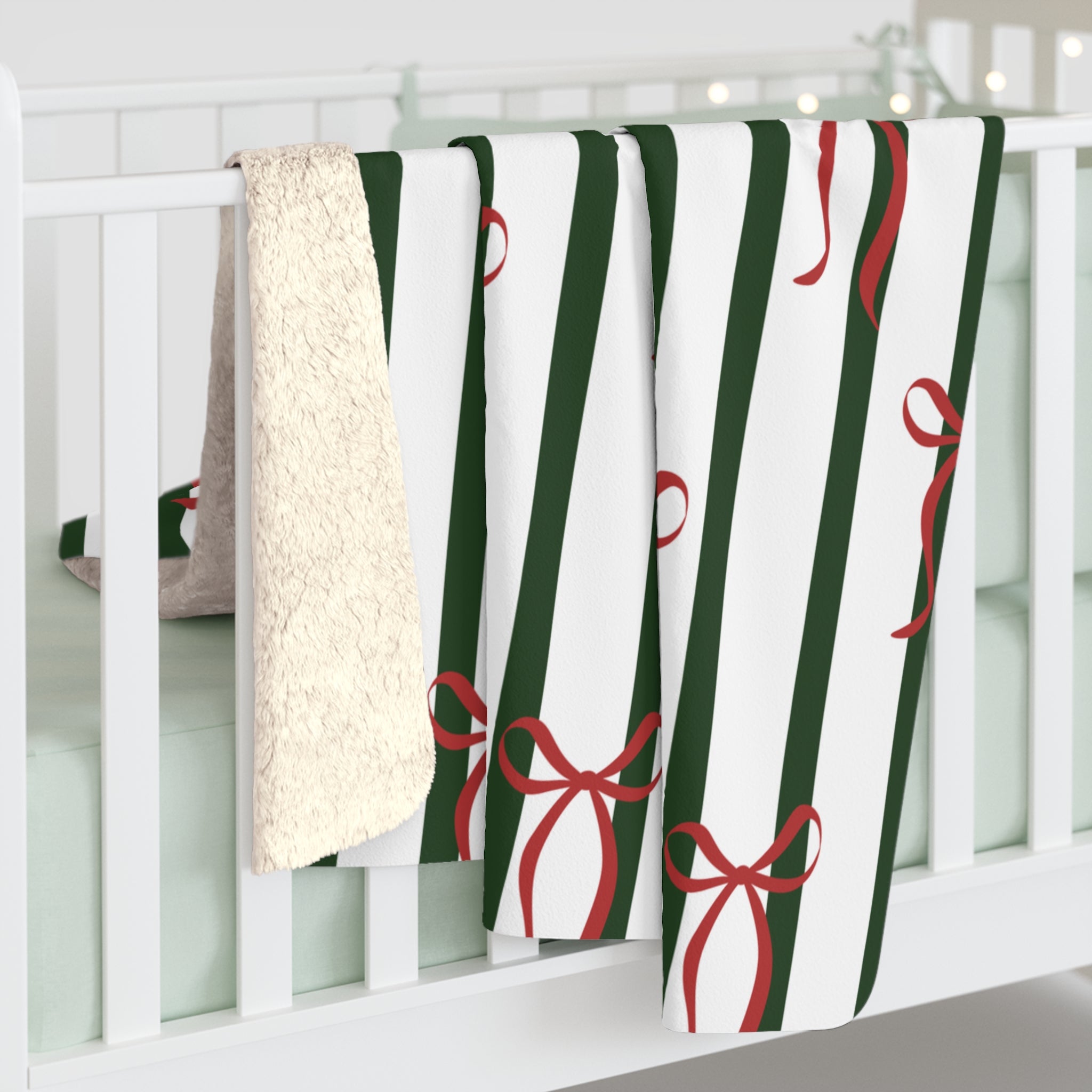 Christmas Bow Stripe Sherpa Blanket — Cozy Holiday Throw