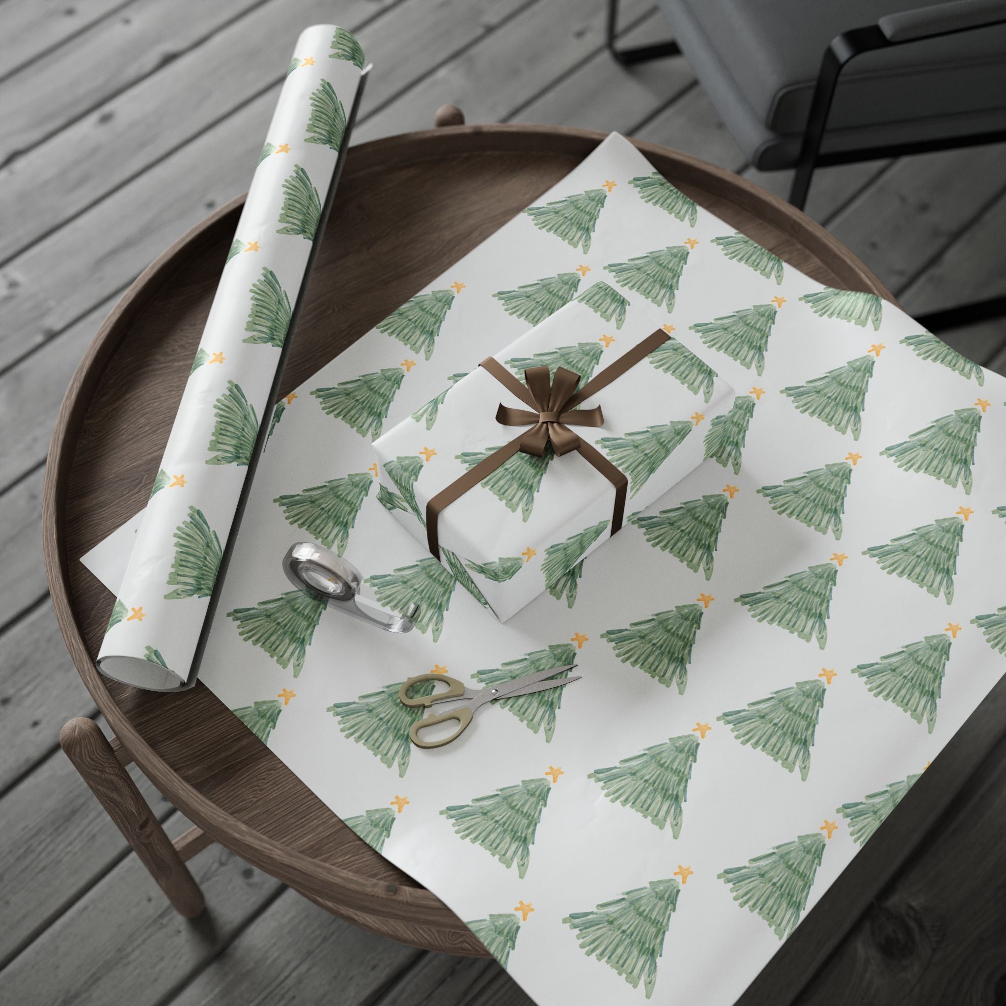 Christmas Tree Wrapping Paper Roll — Minimal Green Pine Pattern Holiday Gift Wrap