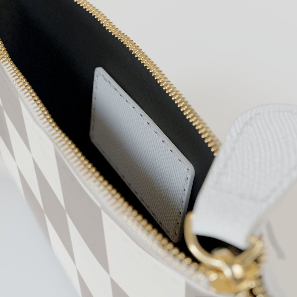 Checkerboard Mini Clutch — Neutral Gray Plaid Coin Wallet