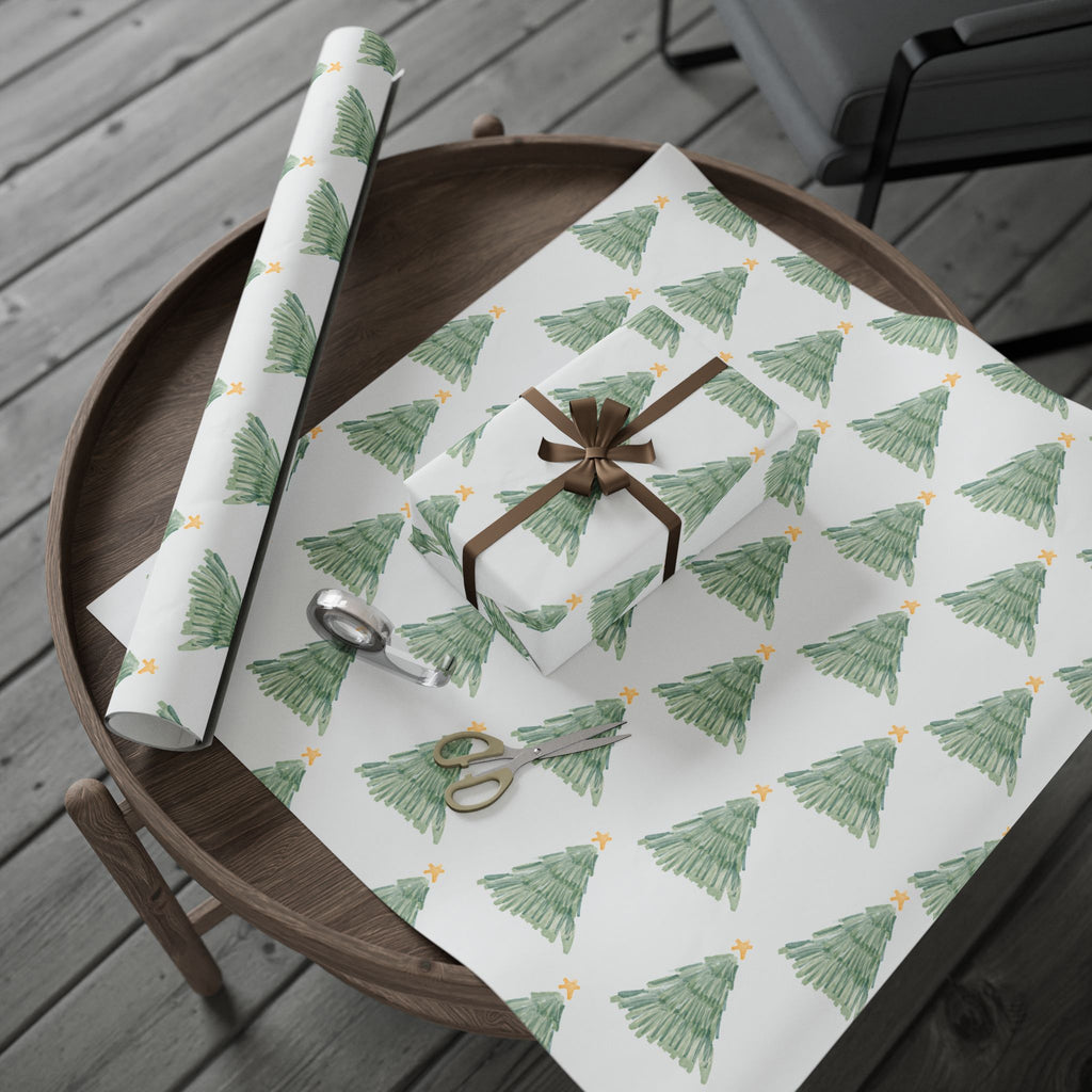 Christmas Tree Wrapping Paper Roll — Minimal Green Pine Pattern Holiday Gift Wrap