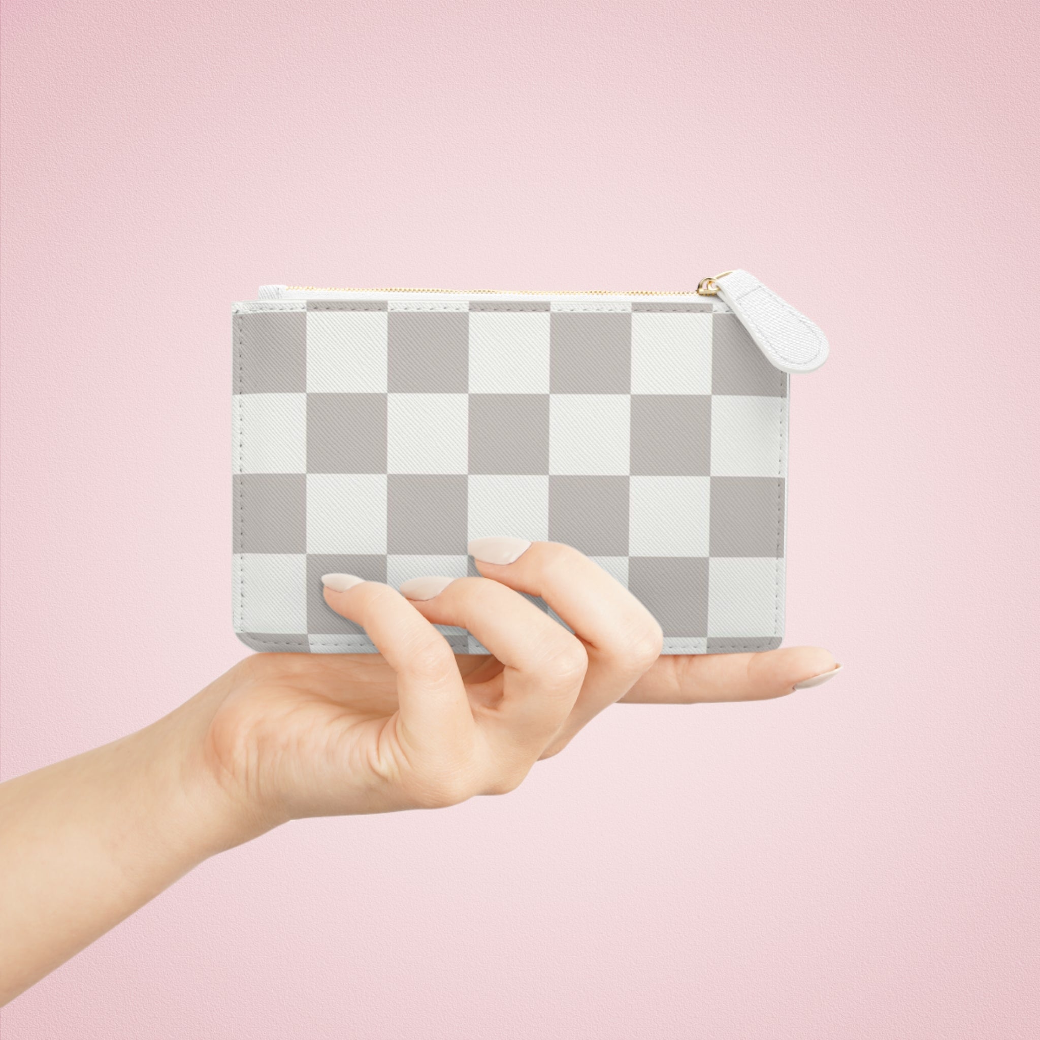 Checkerboard Mini Clutch — Neutral Gray Plaid Coin Wallet