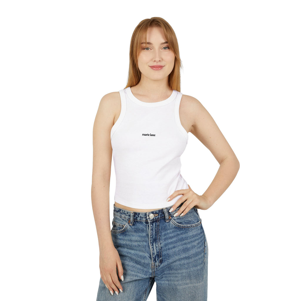 Women's Micro Rib Racer Tank Top - Minimal 'smol' Center Logo Crop Tank