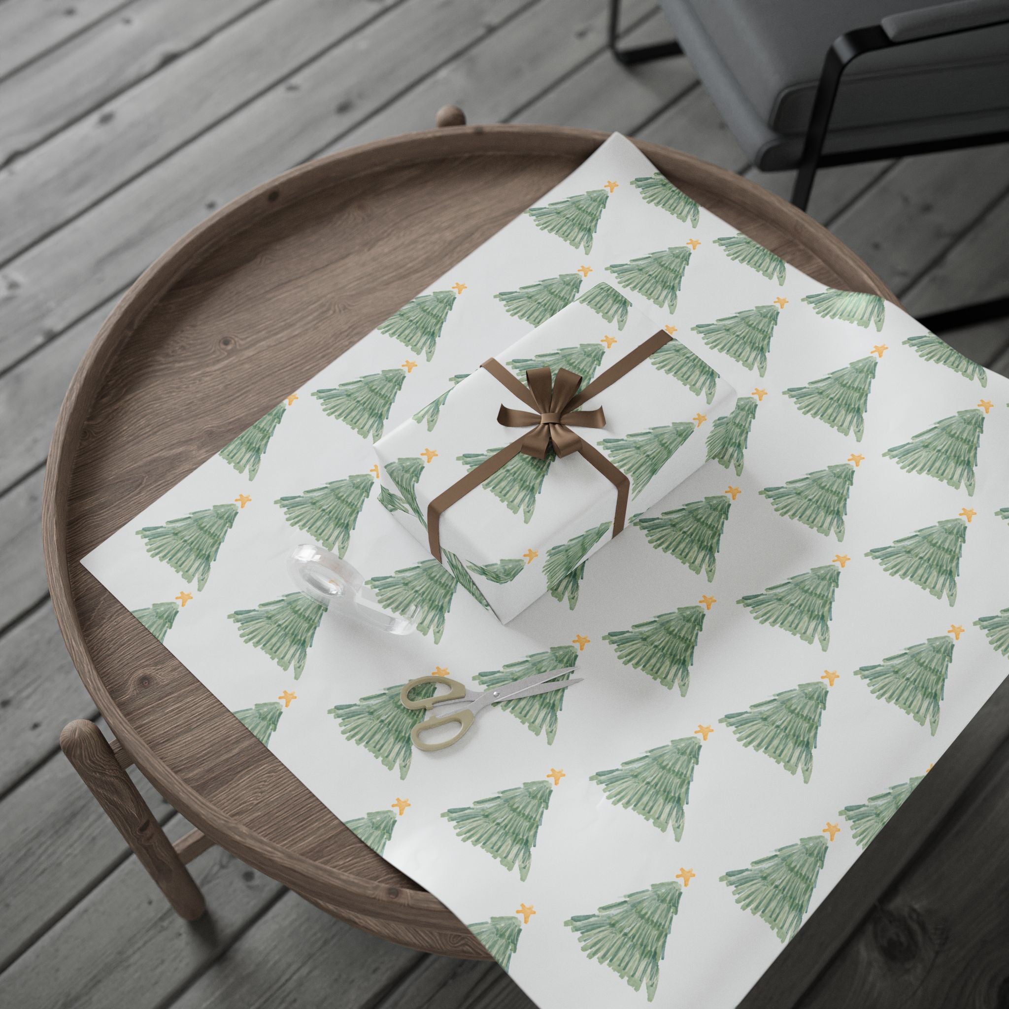 Christmas Tree Wrapping Paper Roll — Minimal Green Pine Pattern Holiday Gift Wrap