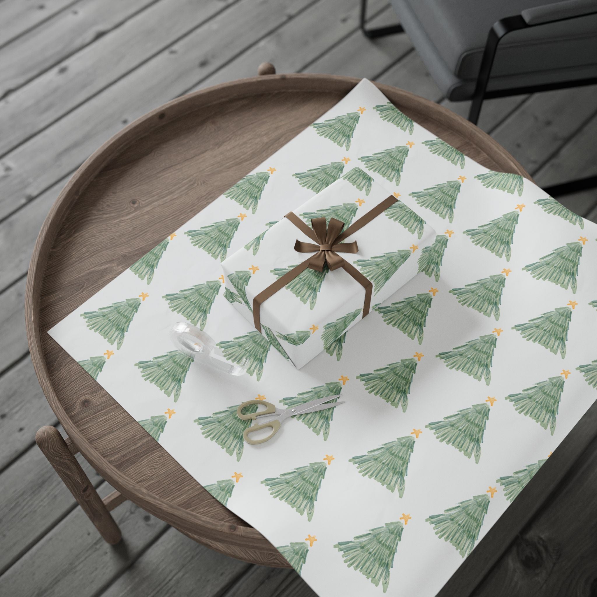Christmas Tree Wrapping Paper Roll — Minimal Green Pine Pattern Holiday Gift Wrap